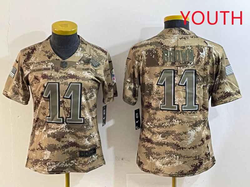 Youth Philadelphia Eagles 11 Brown Camo Nike 2025 Salute to Service Limited NFL Jersey style 1